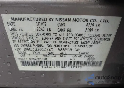 2008 Nissan Altima 2.5 S from USA, damaged, VIN 1N4AL21E98C157575